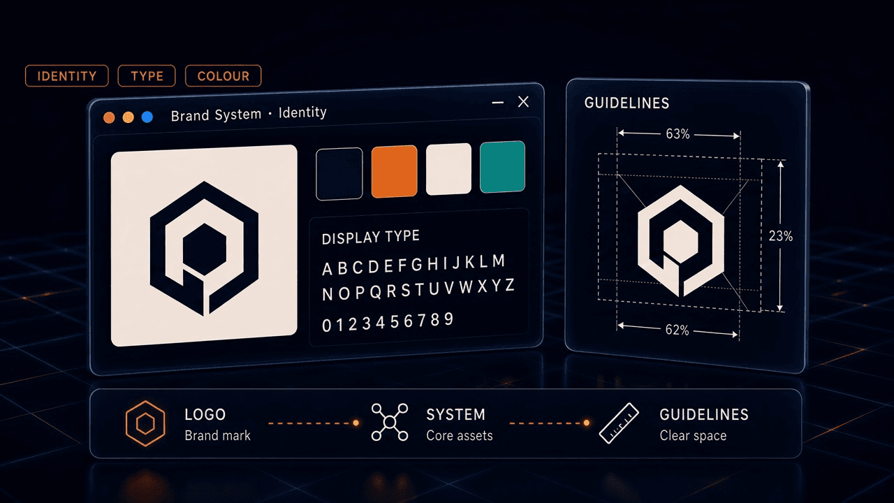 Brand-system studio: logo lockup, colour tokens, type specimens, and guidelines canvas