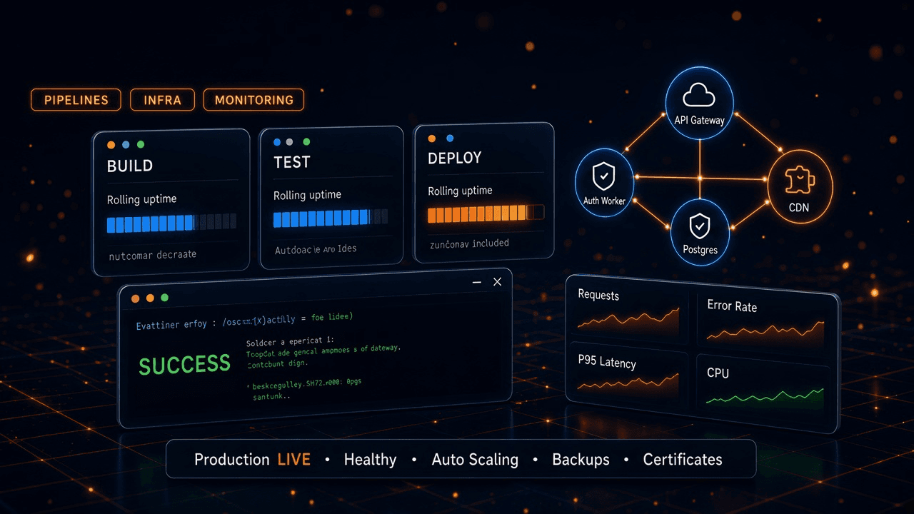 DevOps console: CI/CD pipeline stages, deploy log, cloud topology, and monitoring sparklines