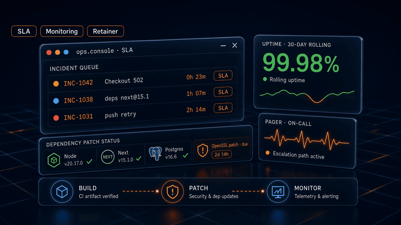 Maintenance console: SLA incident queue, 99.98% uptime, dependency patches, and on-call pager