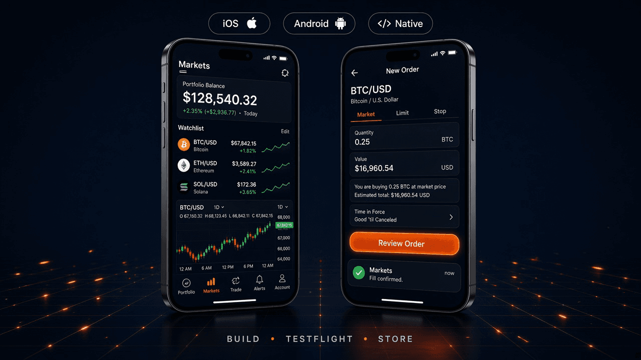 Dual-phone trading app: watchlist with candlestick chart on one device, order ticket and fill alert on the other