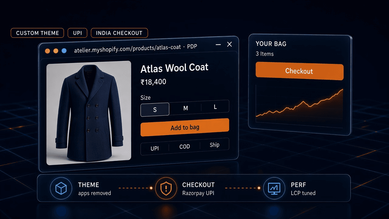 Shopify storefront: custom-theme product page with India checkout rails, bag drawer, and conversion funnel
