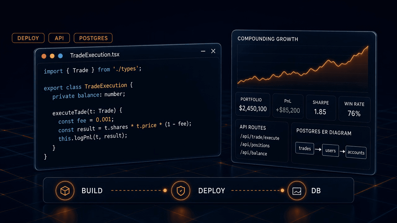 Software workspace: TypeScript editor beside a compounding growth dashboard, API routes, and Postgres schema