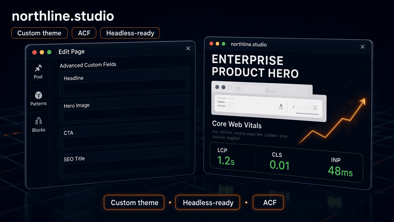 WordPress workspace: ACF content model editor beside a live site preview with Core Web Vitals strip