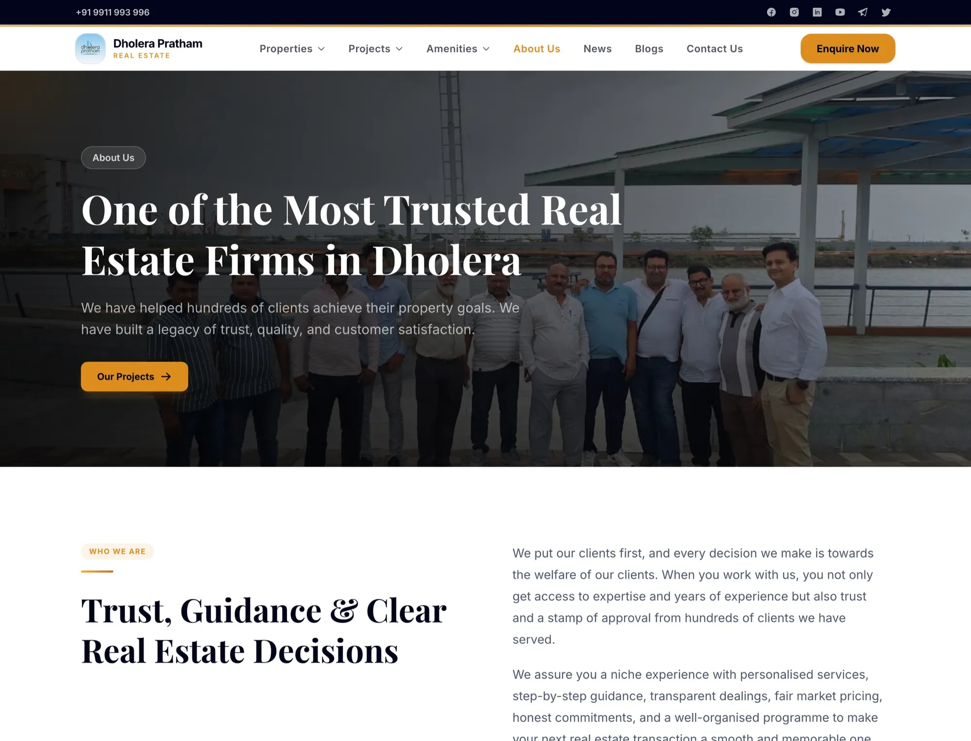 Dholera Pratham About page with the team and an editorial serif headline