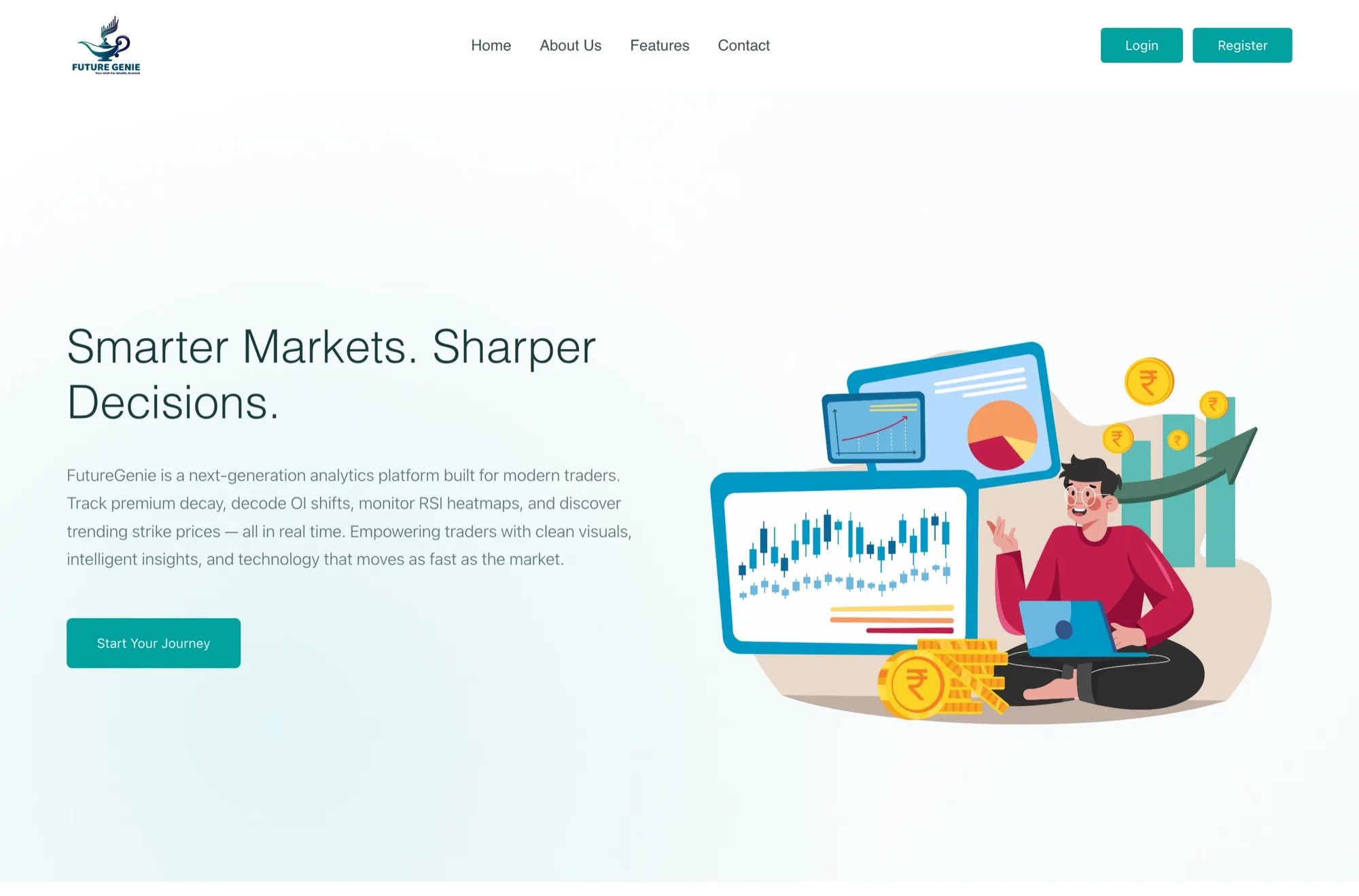 Future Genie marketing site hero — 'Smarter Markets. Sharper Decisions.'