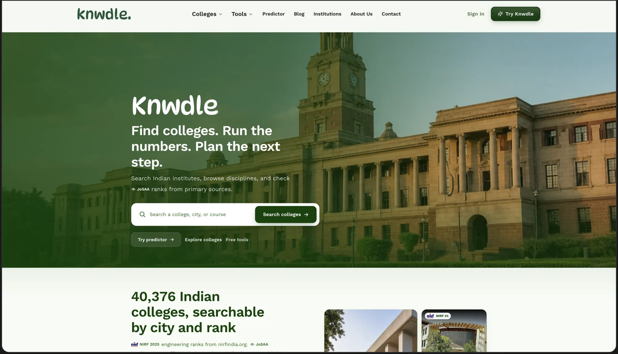 Knwdle public homepage — a college-search hero over a campus photo