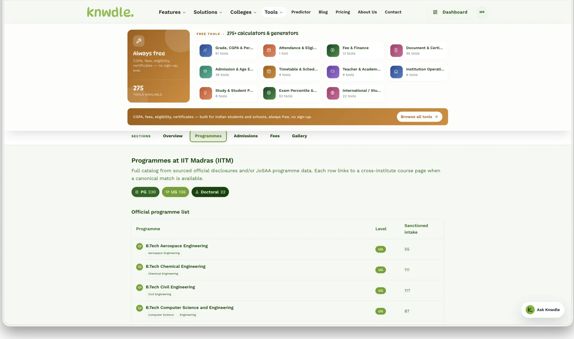 A Knwdle college page showing the free-tool library and the official programme list