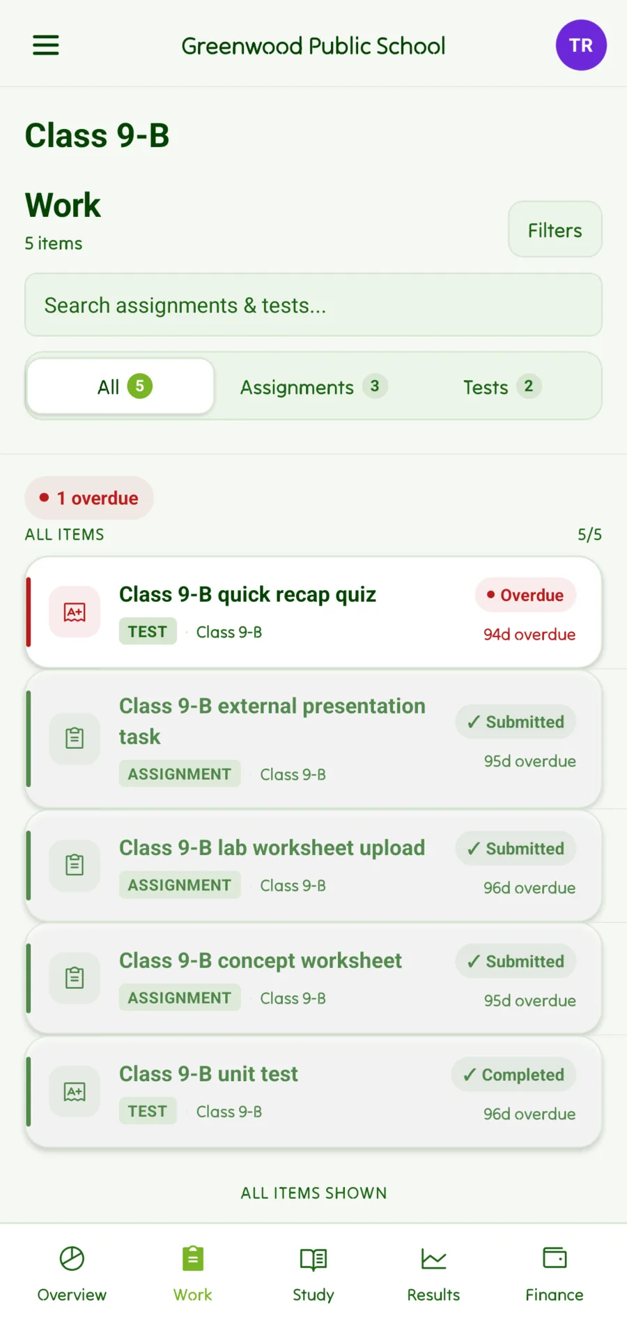 Knwdle Connect app — the assignments and tests list