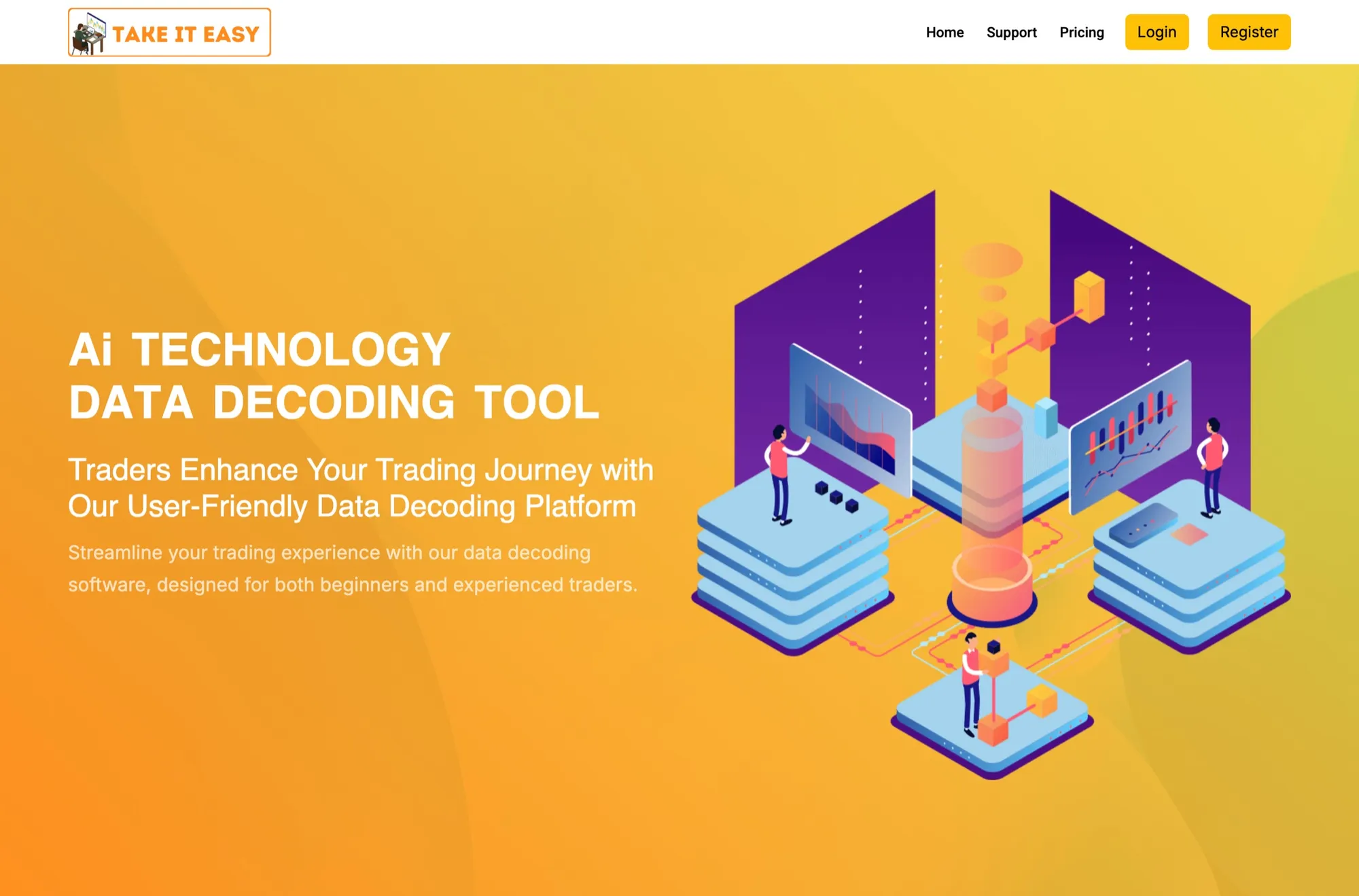 Take It Easy marketing homepage — an AI data-decoding tool hero in orange