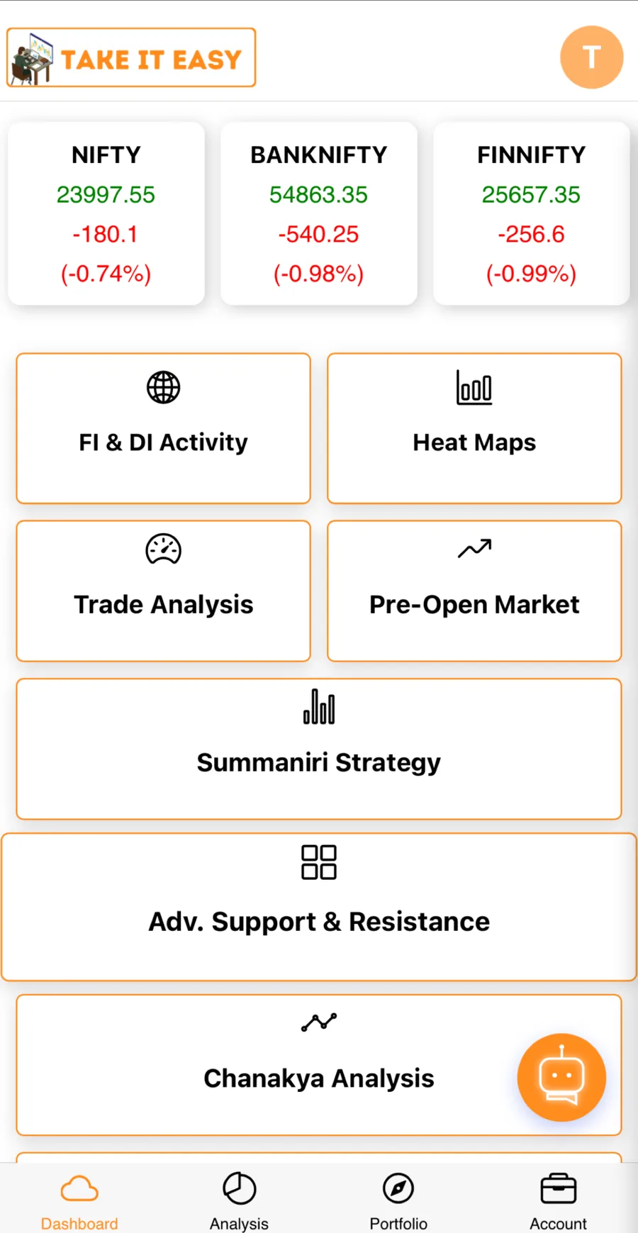 Take It Easy mobile app dashboard with index cards and feature tiles